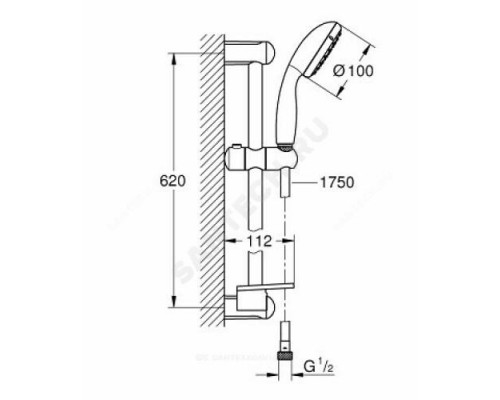 Гарнитур душевой штанга 600мм+шланг+лейка 1 режим струи Tempesta Grohe 27926001