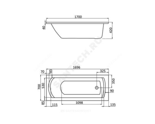 Ванна акриловая Монако 170х70см без ножек Santek 1.WH11.1.979