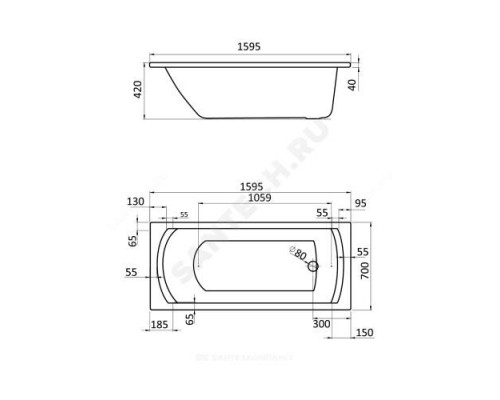 Ванна акриловая Монако 160х70см без ножек Santek 1.WH11.1.977