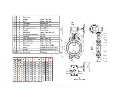 Затвор дисковый поворотный чугун VPI4448-08EP Ду 150 Ру16 межфл с редуктором диск чугун манжета EPDM Tecofi VPI4448-08EP0150