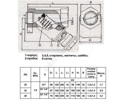 Фильтр магнитный сетчатый Y-образный чугун Ду 32 Ру16 G1 1/4