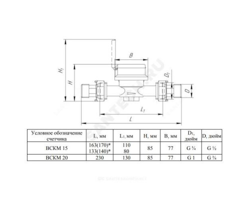Счётчик г/в и х/в крыльчатый многоструйный Ду 15 Ру16 120С L=80мм резьба импульсный В/К ВСКМ-15 ДГ2 Декаст 72-15-256