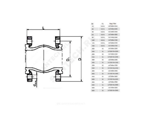 Компенсатор резиновый антивибрационный EPDM DI7240N Ду 400 Ру10 фл L=265мм Tecofi DI7240N-0400 сжатие/растяжение 25/16