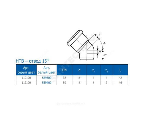 Отвод PP-H белый HT HTBw Дн 50х1,8х15гр б/нап в/к Ostendorf 559400