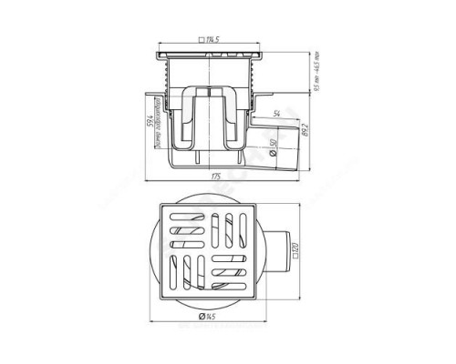 Трап регулируемый с гидрозатвором Дн 50 с нержавеющей решёткой 120х120мм горизонтальный выпуск АНИ Пласт TA5614