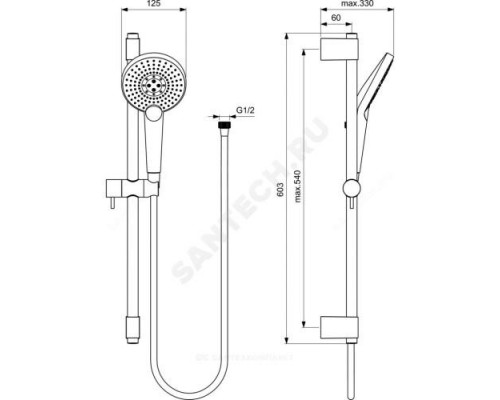 Гарнитур душевой держатель+шланг+лейка 3 режима струи IDEALRAIN JET ROUND XL3 Ideal Standard B1761AA .