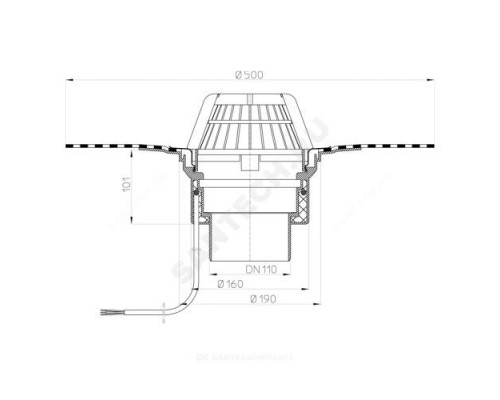 Воронка кровельная HL62.1H с вертикальным выпуском PP Дн 110 с листвоуловителем, электрообогревом, теплоизоляцией, гидроизоляционным полимербитумным полотном 500мм HL HL62.1H/1
