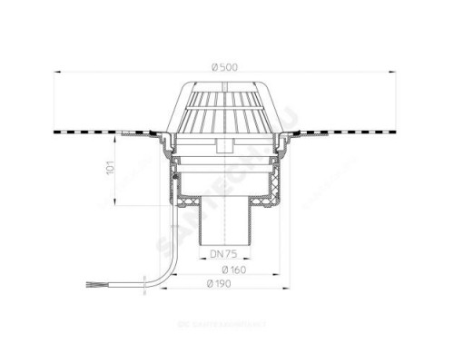 Воронка кровельная HL62.1H с вертикальным выпуском PP Дн 75 с листвоуловителем, электрообогревом, теплоизоляцией, гидроизоляционным полимербитумным полотном 500мм HL HL62.1H/7