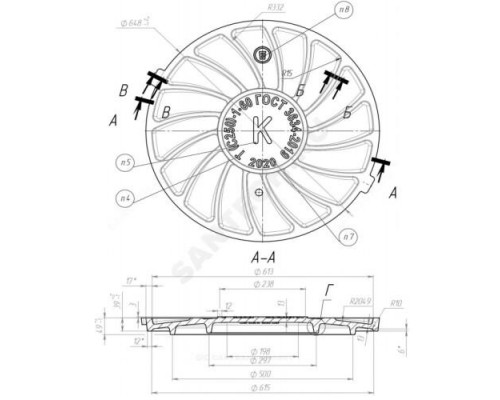 Люк чугун (К) канализационный Т (тяжелый) круглый (С250) m=98кг h=100мм ГОСТ 3634-2019