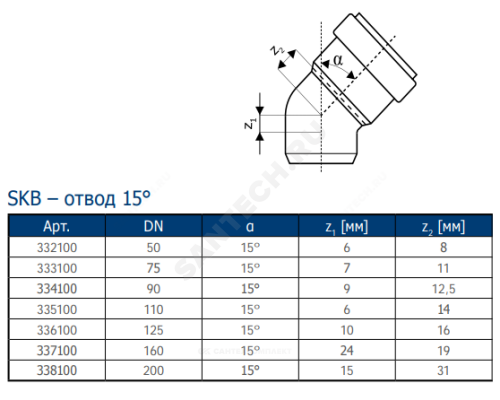 Отвод PP-MD бесшумная серый Skolan dB SKB Дн 58х15гр (DN56) б/нап в/к Ostendorf 332100