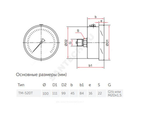 Манометр ТМ-520Т.00 осевой Дк100мм 0-0,6 МПа кл.1,0 G1/2