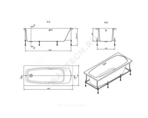 Ванна акриловая Sureste 150х70см с отверстиями для ручек без ножек Roca ZRU9302778