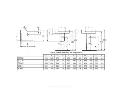 Умывальник подвесной Connect CUBE 60 1 отверстие под смеситель по центру белый Ideal Standard E794501