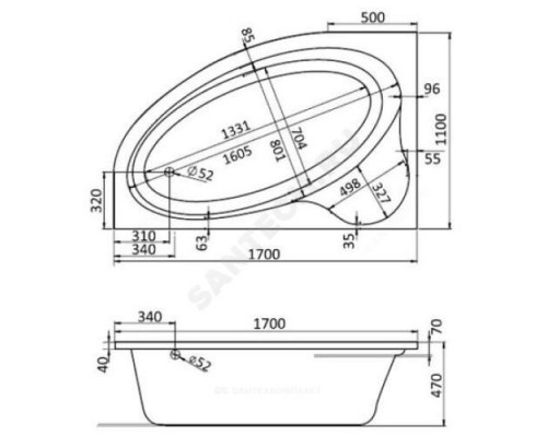 Ванна акриловая Эдера L 170х110см без ножек левосторонняя Santek 1.WH11.1.995