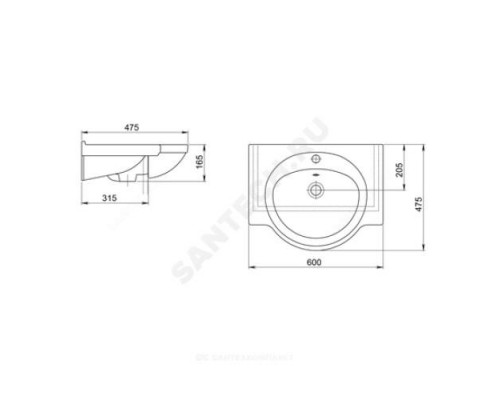 Умывальник мебельный Сатурн 60 1 отверстие под смеситель по центру белый Santeri 1.3121.1.S00.11B.0 .