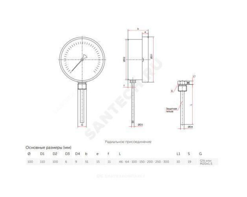 Термометр биметаллический радиальный Дк100 L=250мм G1/2