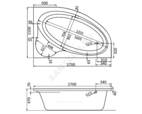 Ванна акриловая Эдера R 170х110см без ножек правосторонняя Santek 1.WH11.1.994