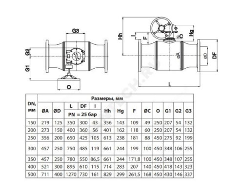 Кран шаровой сталь 09Г2С JIP/G-FF Ду 150 Ру25 фл L=350мм с редуктором Danfoss 065N0351G