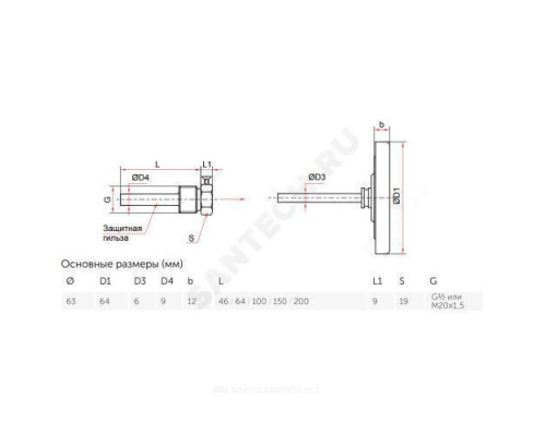 Термометр биметаллический осевой Дк63 L=100мм G1/2