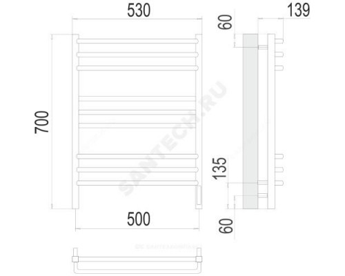 Полотенцесушитель электрический нерж сталь Лесенка 500х700мм 9П со встроенным диммером справа Соренто Терминус 4670078531490
