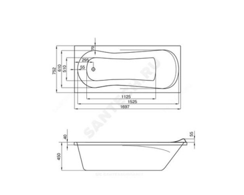 Ванна акриловая Каледония 170х75см без ножек Santek 1.WH30.2.391