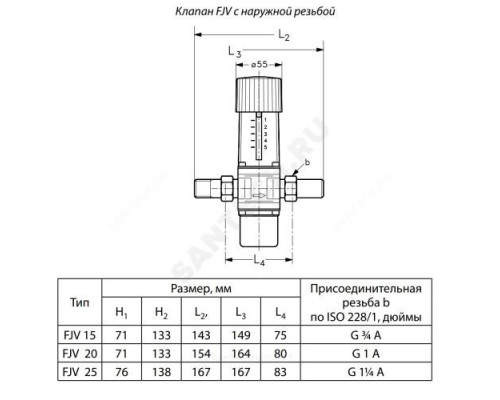 Регулятор температуры латунь FJV Ду 25 Ру16 НР G1 1/4