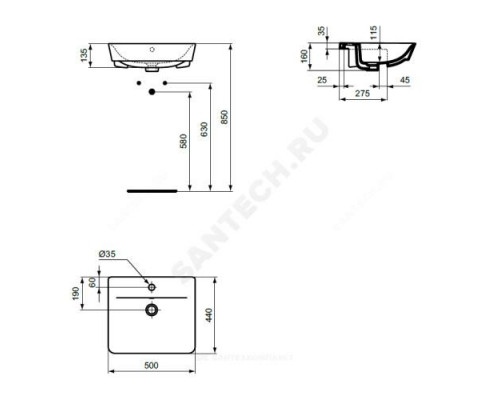 Умывальник мебельный CONNECT AIR 50 1 отверстие под смеситель по центру Ideal Standard E030801