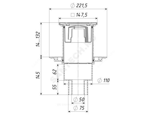 Трап регулируемый с гидрозатвором Дн 50/75/110 с нержавеющей решёткой 150х150мм вертикальный выпуск Татполимер ТП-310Hs