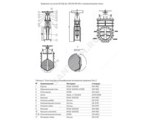Задвижка чугун 30ч39р аналог МЗВ обрезиненный клин с гайкой и направляющими клина Ду 350 Ру10/16 фл Benarmo