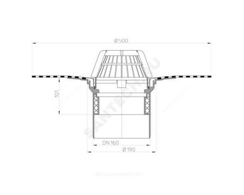 Воронка кровельная HL62H с вертикальным выпуском PP Дн 160 с листвоуловителем, теплоизоляцией, гидроизоляционным полимербитумным полотном 500мм HL HL62H/5