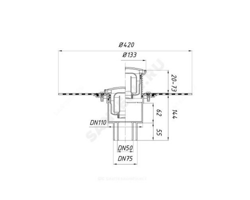Трап регулируемый с гидрозатвором Дн 50/75/110 с нержавеющей решёткой 133мм с полимербитумным полотном вертикальный выпуск HL HL310NHR