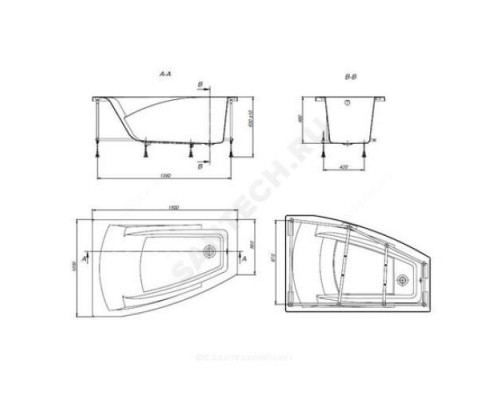 Ванна акриловая Hall Angular 150х100см без ножек левосторонняя Roca ZRU9302864