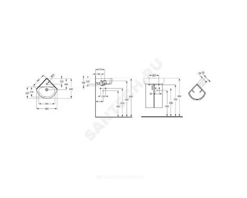 Умывальник угловой подвесной Connect Spare Arc 45 1 отверстие под смеситель по центру Ideal Standard E793101