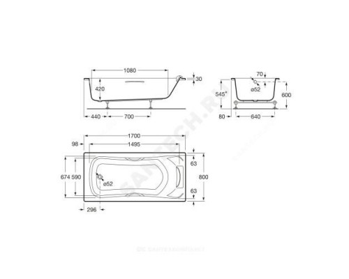 Ванна акриловая BeCool 170х80см с отверстиями для ручек без ножек Roca ZRU9302852