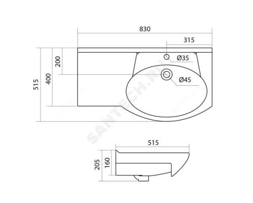 Умывальник мебельный Коралл 83 1 отверстие под смеситель по центру левое крыло Santek 1.WH11.0.225