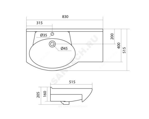 Умывальник мебельный Коралл 83 1 отверстие под смеситель по центру правое крыло белый Santek 1.WH11.0.228 .