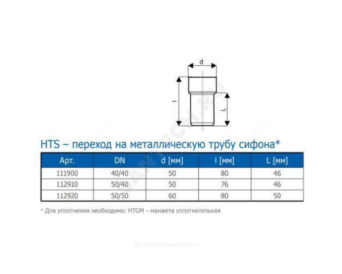 Переход PP-H на металлическую трубу сифона серый HT HTS Дн 50/50 б/нап б/к Ostendorf 112920