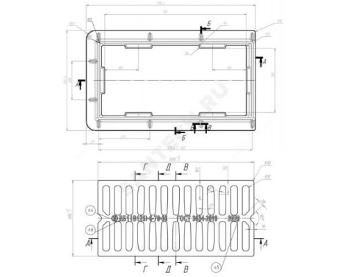 Дождеприемник чугун ДБ1 (большой) прямоугольный (В125) m=117кг h=100мм исполнение 1 ГОСТ 3634-2019