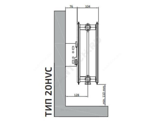 Радиатор стальной панельный Hygiene Ventil Compact HVC тип 20 500х1000 Qну=1438 Вт ниж/п лев в комплекте кронштейн. встроенный вентиль, гигиенический RAL 9016 (белый) Heaton Plus