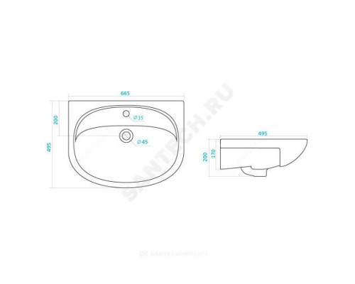 Умывальник мебельный Стелла 65 1 отверстие под смеситель по центру белый Santek 1.WH11.0.174 .