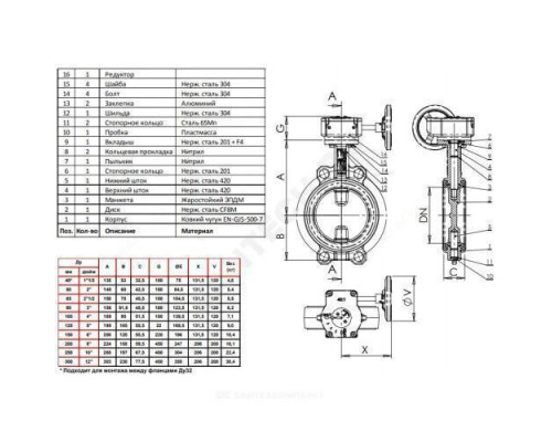 Затвор дисковый поворотный чугун VPI4449-08EP Ду 200 Ру16 межфл с редуктором диск нерж манжета EPDM Tecofi VPI4449-08EP0200