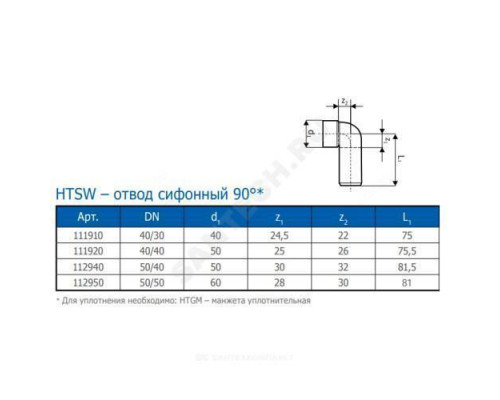 Отвод PP-H сифонный серый HT HTSW Дн 50/50х90гр б/нап б/к Ostendorf 112950