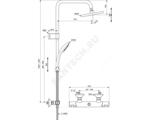 Система душевая в комплекте смеситель, верхний душ, шланг и лейка Ceratherm T25 Ideal Standard A7701AA