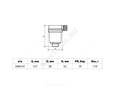 Воздухоотводчик автоматический латунь 5005 Ду 15 Ру10 G1/2