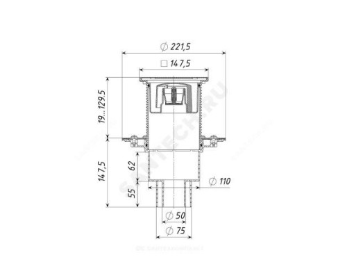 Трап регулируемый с гидрозатвором+механический сухой затвор Дн 50/75/110 с нержавеющей решёткой 150х150мм вертикальный выпуск Татполимер ТП-310.1 (Hs+Ms)