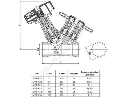 Клапан балансировочный ручной латунь MVT-R Ду 15 Ру16 Тмакс=120 оС ВР Kvs=4.11м3/ч с измерительными ниппелями Ридан 003Z4081R