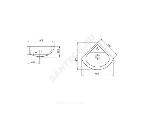 Умывальник угловой подвесной Радиан 48 1 отверстие под смеситель по центру белый Santeri 1.3130.9.S00.10B.0
