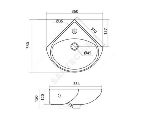 Умывальник угловой подвесной Ирис 36 1 отверстие под смеситель по центру белый Santek 1.WH11.0.514