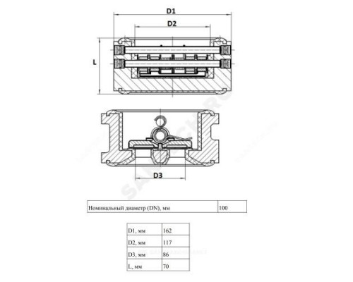 Клапан обратный чугун 2/створ ЗОД Ду 100 Ру16 межфл створки нерж Ридан 082X4053