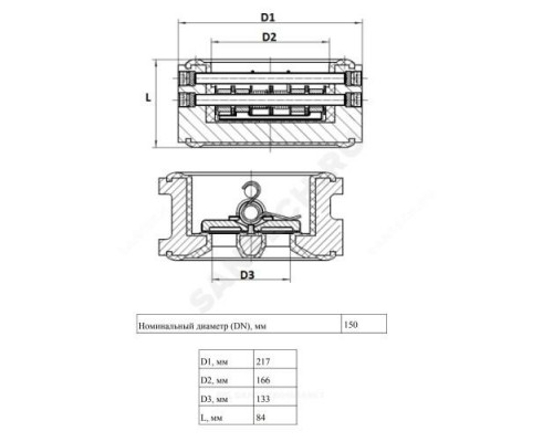Клапан обратный чугун 2/створ ЗОД Ду 150 Ру16 межфл створки нерж Ридан 082X4055